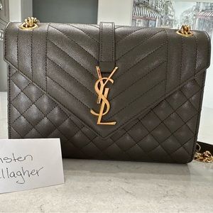 Authentic Saint Laurent Medium Envelope Monogram Matelasse in Pebble